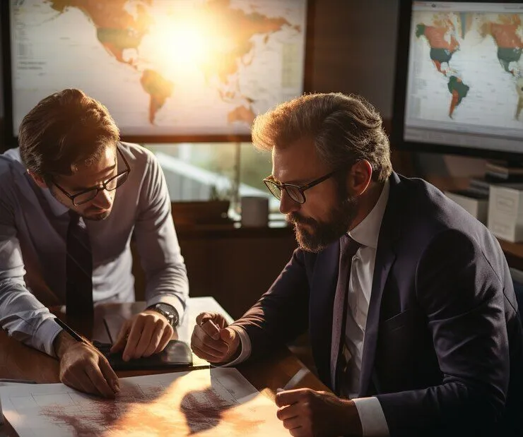 Empresários colaborando sobre um mapa