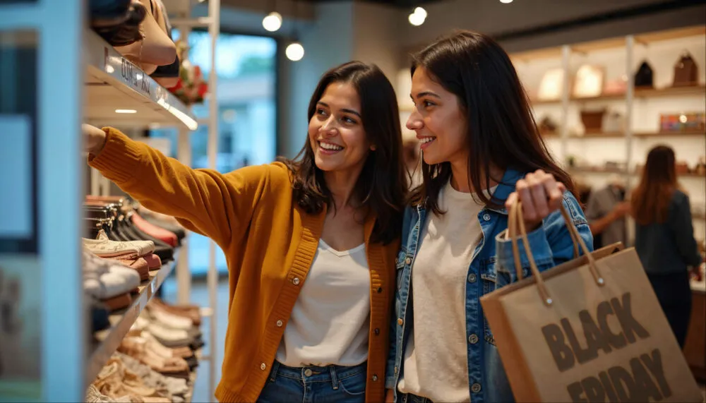 Duas mulheres sorridentes fazendo compras